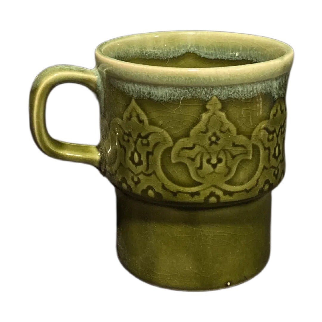 Vintage Japan Green Drip Glaze Stackable Coffee Mugs Set of 4 Geometric