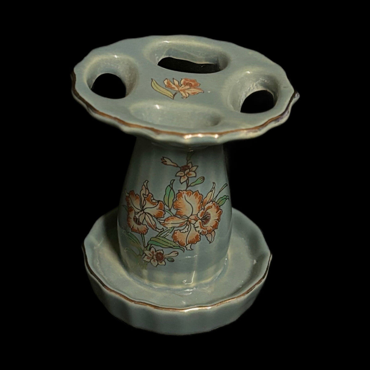 IMPERIAL JAPAN 2 Piece Soap Tray Toothbrush Holder Ceramic Floral Gold Accent