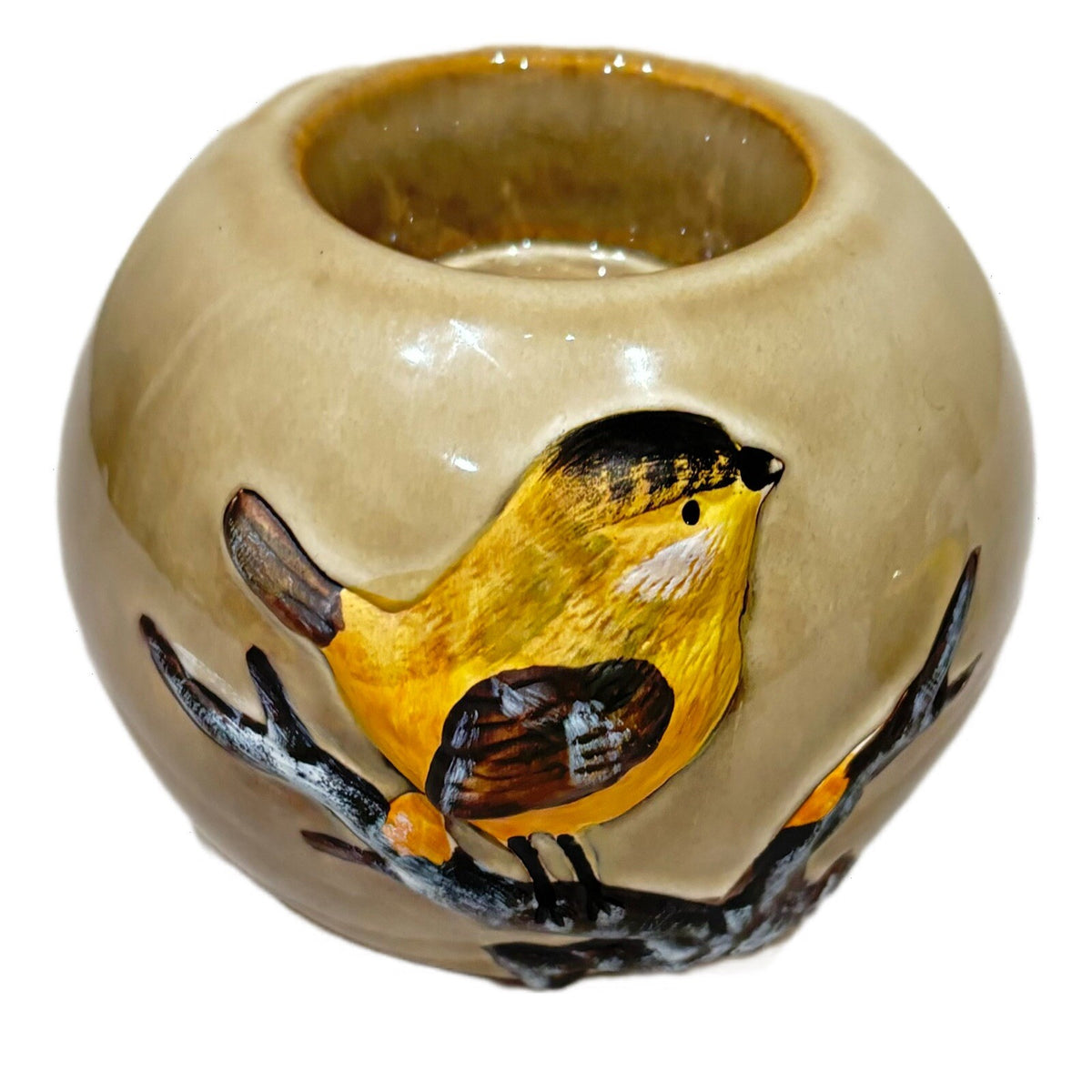 Art Pottery Tealight Candle Holder 3D Yellow Bird on Branch Round Ceramic No Lid