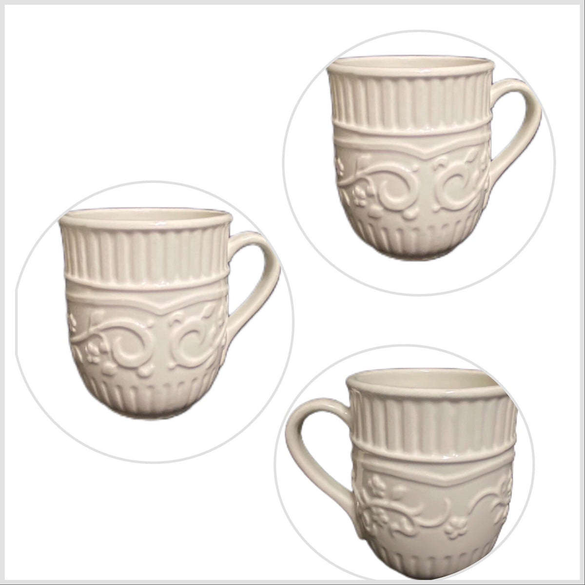 Mikasa AMERICAN COUNTRYSIDE 3- Mugs Earthenware White Tea Cups Embossed Design