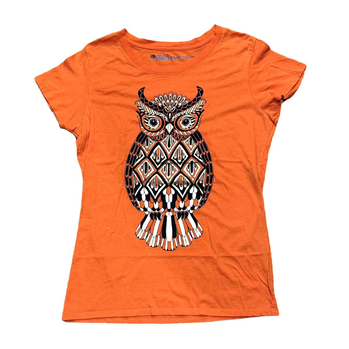 Owl Embellished Sequin Beaded Orange Graphic Tee Women Girls M 8-10 Casual Top