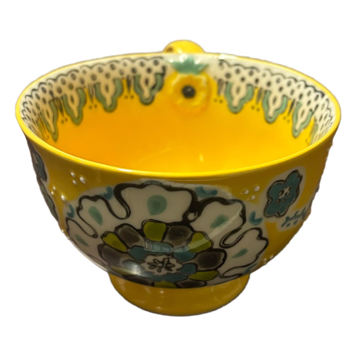 Anthropologie ELKA AYAKA Mug Yellow Floral Footed Pedestal Cup Twisted Handle