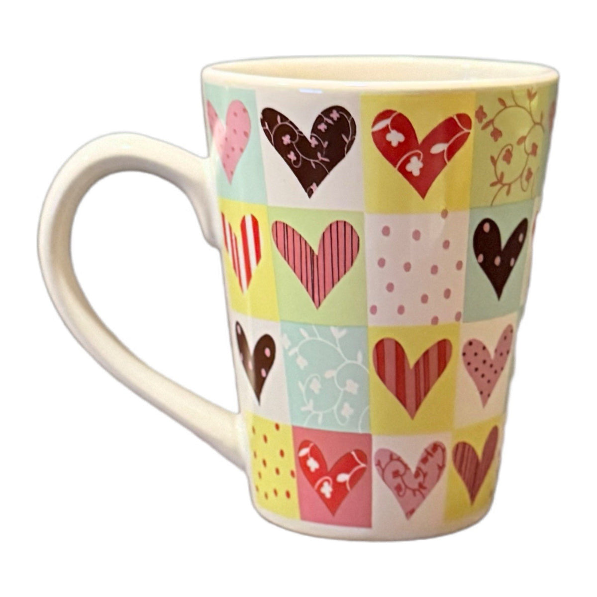 REAL HOME Mug Let Us Entertain You Colorful Hearts 10 Oz Ceramic Coffee Cup