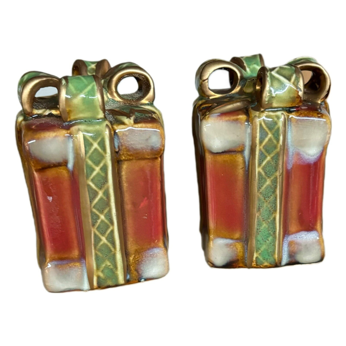Christmas Salt Pepper Shakers Gift Packages Drip Glaze Ceramic Presents Vintage 