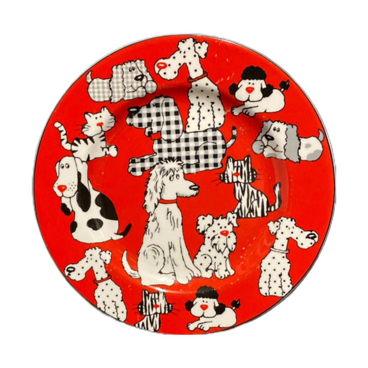 LivingQuarters 4 Salad Plates CARSON PIRIE Dogs Puppies Cats Kittens 8 1/4”D