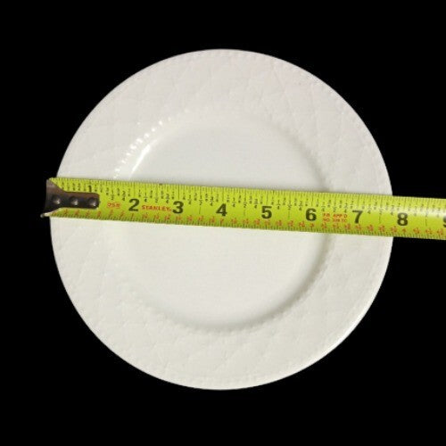 Gibson Designs ROYAL QUILT 6-Salad Plates Embossed Quilt & Dots Dessert White