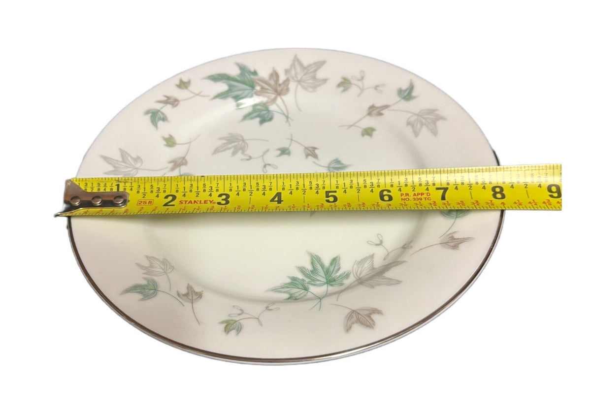 Noritake Greenwood 4-Salad Plates Dessert Dishes # 5769 Leaves Silver Trim Japan
