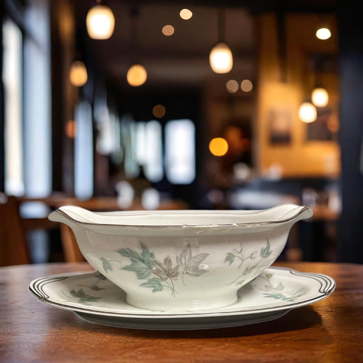 Noritake Greenwood Gravy Boat Condiment Dish Leaves Silver Trim Japan 5769