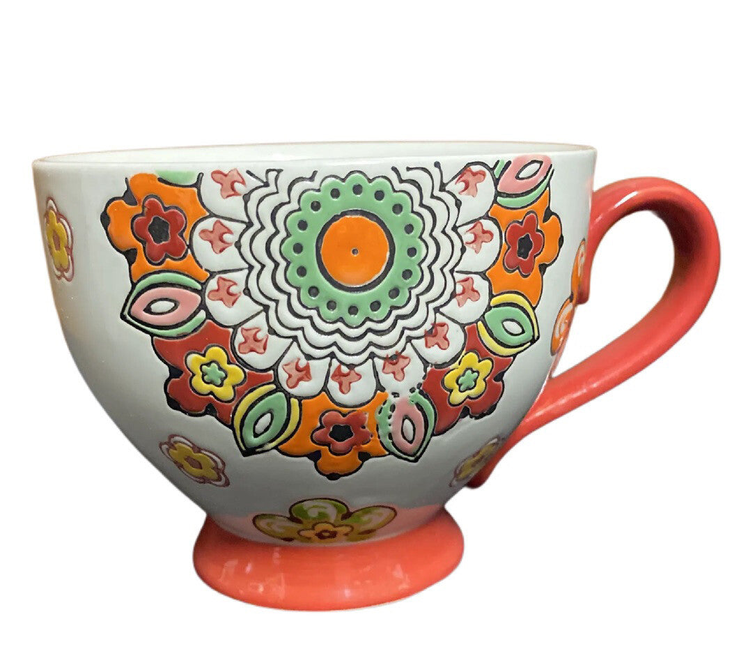Tabletops Gallery ROBIN Hand Painted Footed Coffee Mug Embossed Paisley Floral