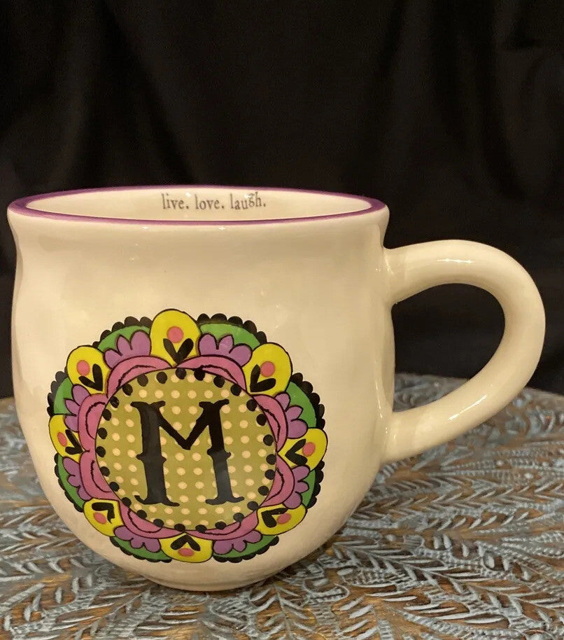 Natural Life “M” Monogram Ceramic Mug Cup – Live Love Laugh, Boho Floral Gift