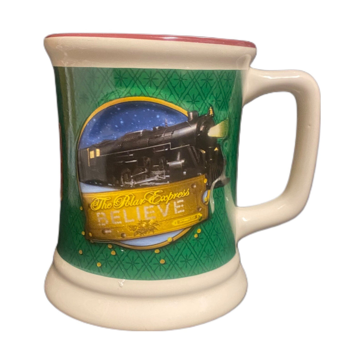 The Polar Express Green BELIEVE 3D Raised Ceramic Coffee Chocolate Cup Train