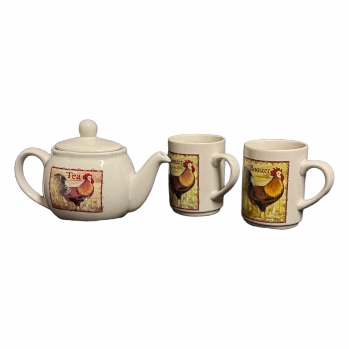 Bay Island Rooster Teapot & 2 Mugs Set Ceramic Farmhouse Chicken Theme