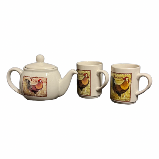 Bay Island Rooster Teapot & 2 Mugs Set Ceramic Farmhouse Chicken Theme