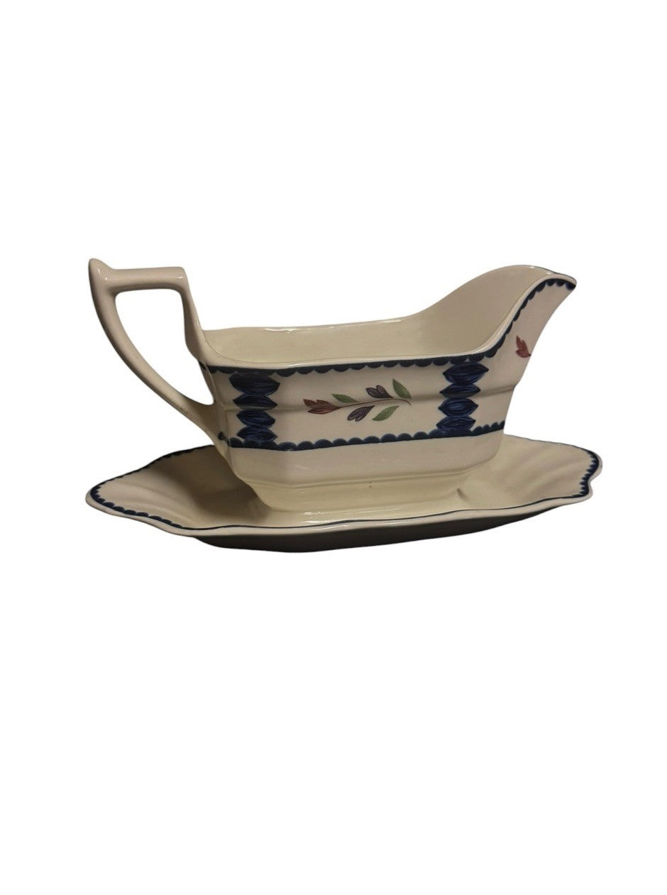 Vintage Adams Lancaster Ironstone Gravy Boat w/ Attached Underplate England