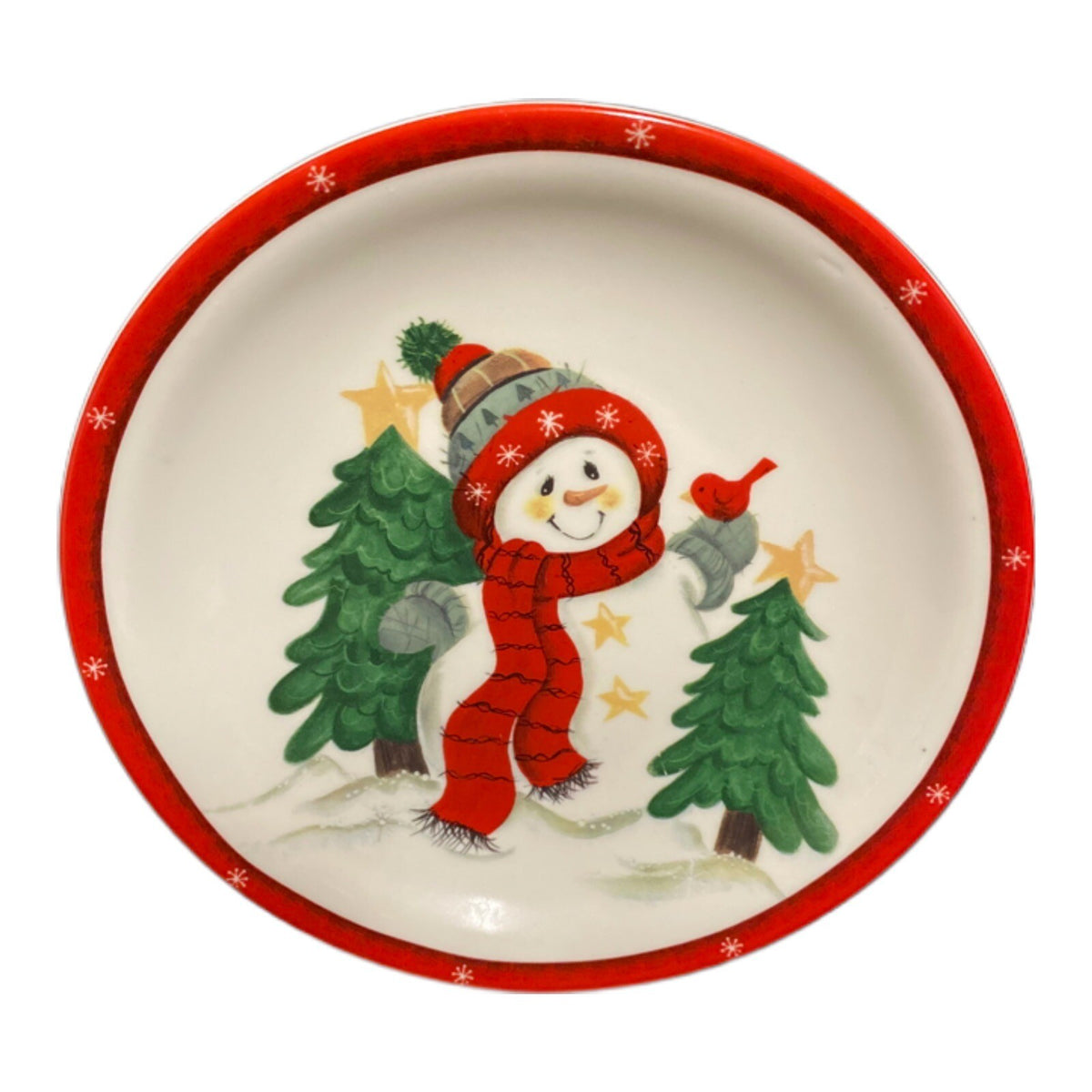 Studio 33 2-Salad Plates Holiday Snowman Red Bird Christmas Tree Stars Red Trim