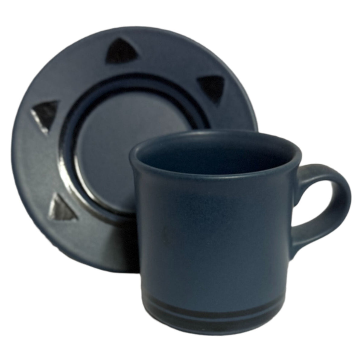 Pfaltzgraff Morning Light Cups & Saucers Set of 7 | Cobalt Blue Triangles