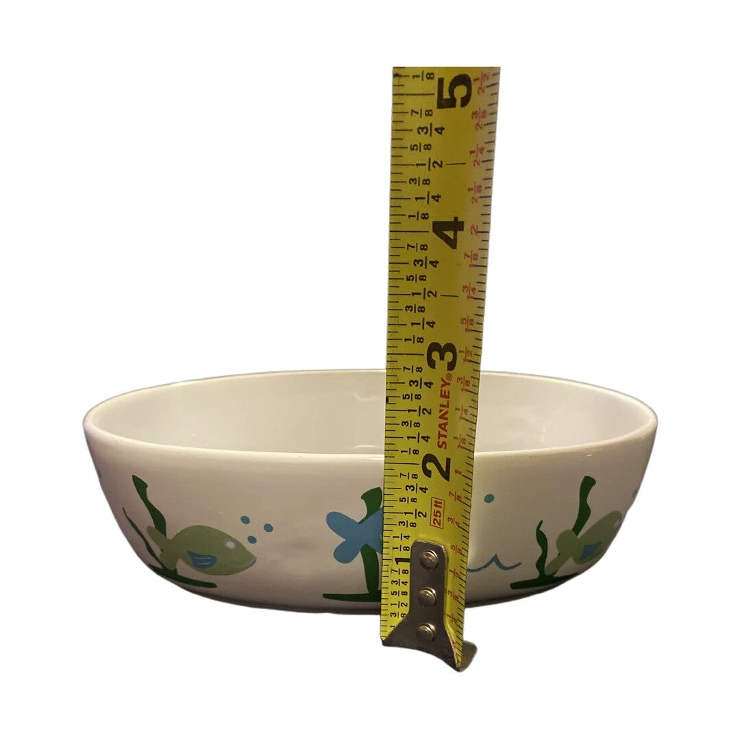 PetRageous Designs White Oval Cat Bowl Stoneware Food Water Dish Green Blue Fish