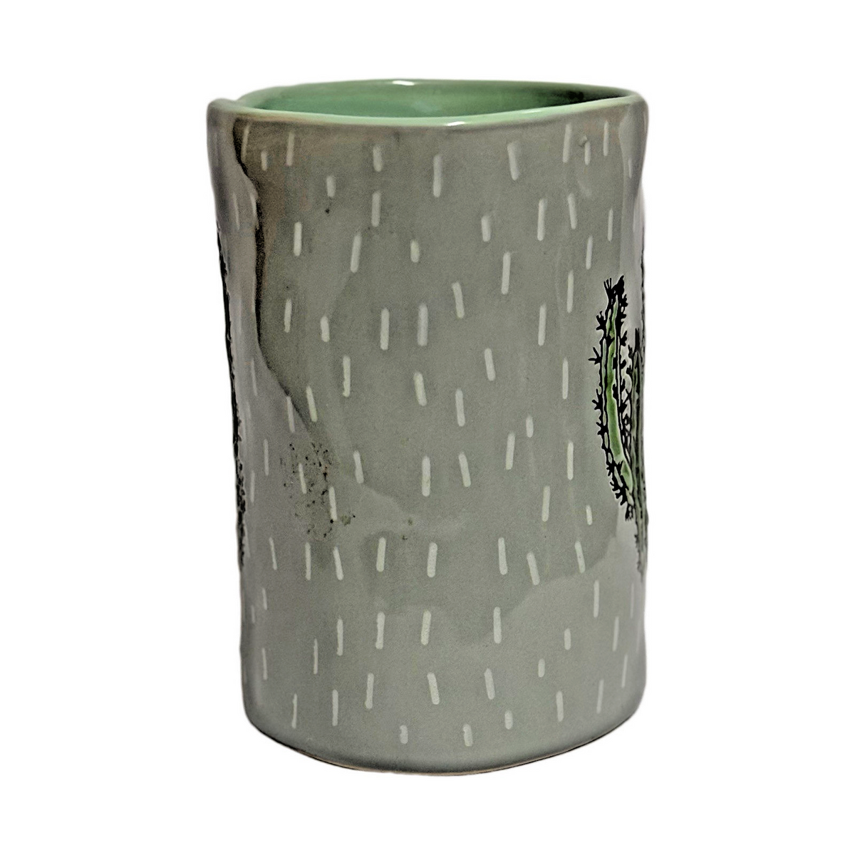 I LOVE IT 2-CACTUS Mugs Green Grey Tea Latte Cup Embossed Prickly Desert Cactus