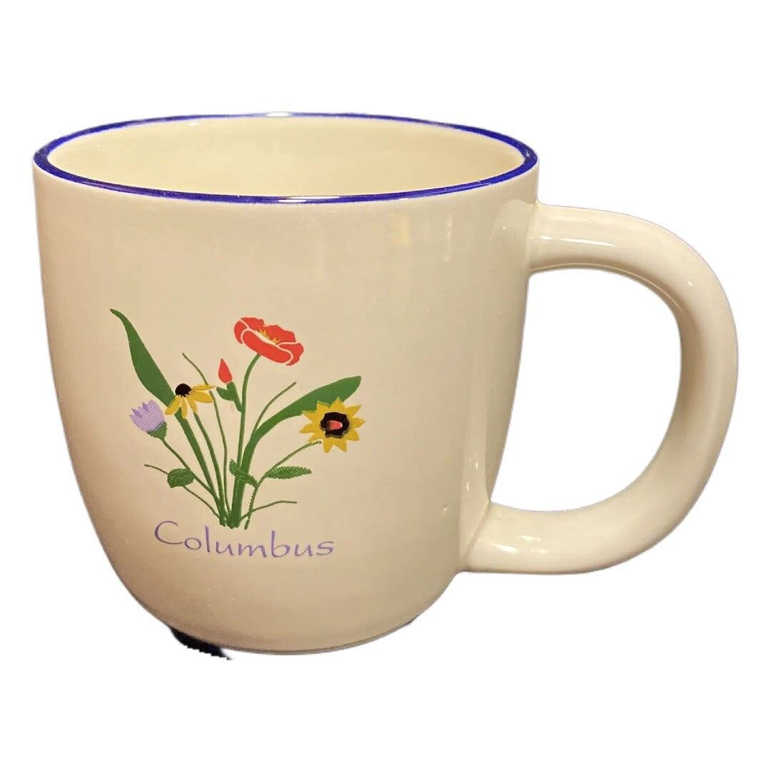 M Ware COLUMBUS Ceramic Coffee Mug White Floral Bouquet Tea Cup Blue Trim