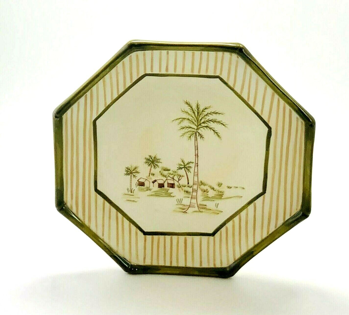 Waverly TAHITI Luncheon Plate Hand Painted Octagonal Palm Trees Stripes 9”D Dish
