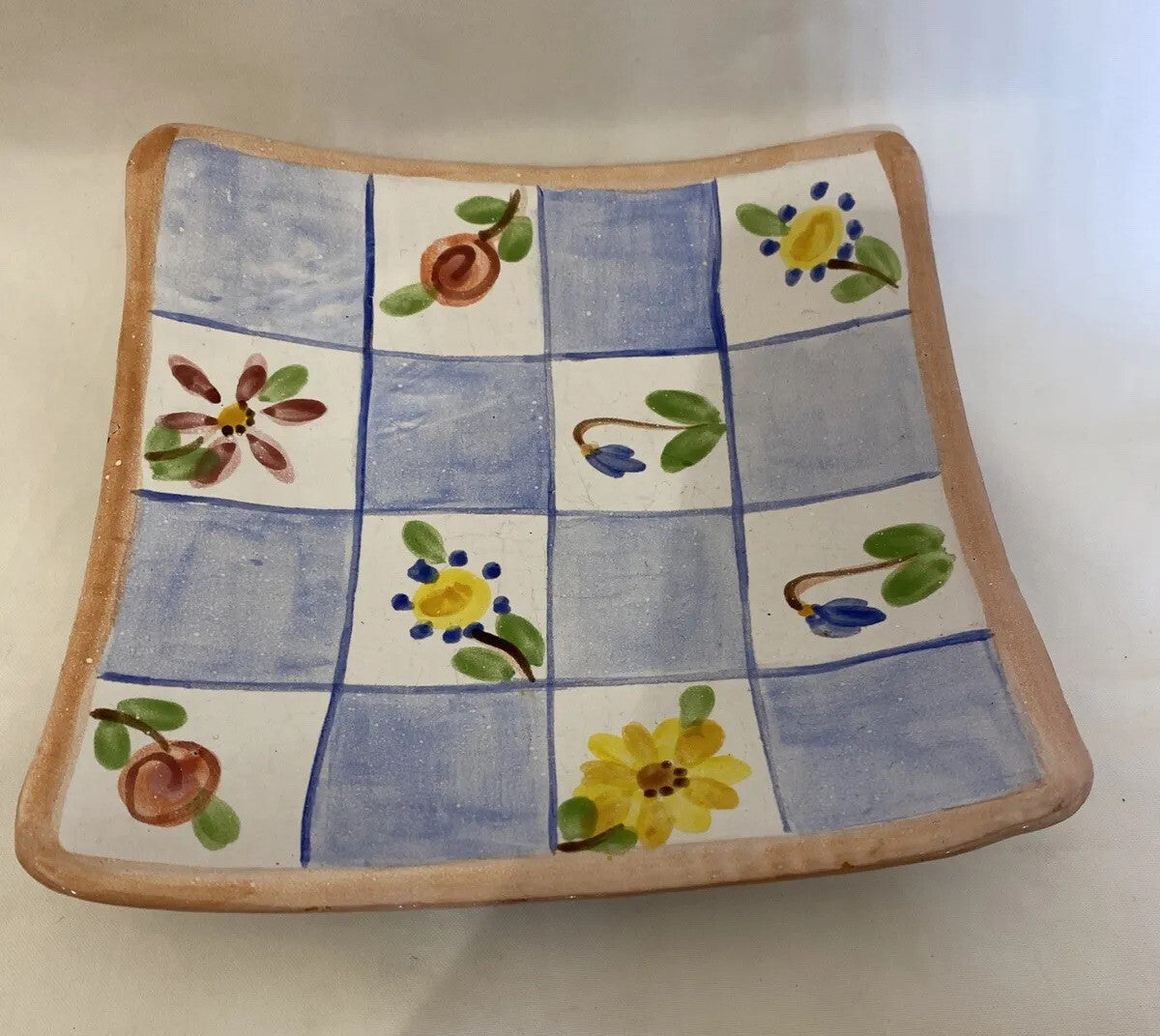 Rare Hand Painted And Signed 4-Square Salad Appetizer Tapas Clay Plates 6 3/4"SQ
