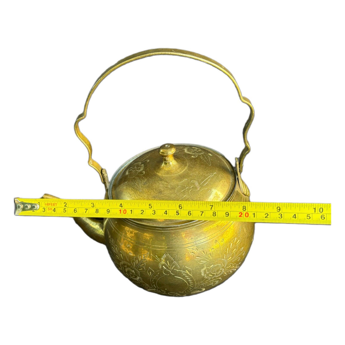 Vintage Solid Brass Teapot Kettle & lid Etched Floral Folding Handle India