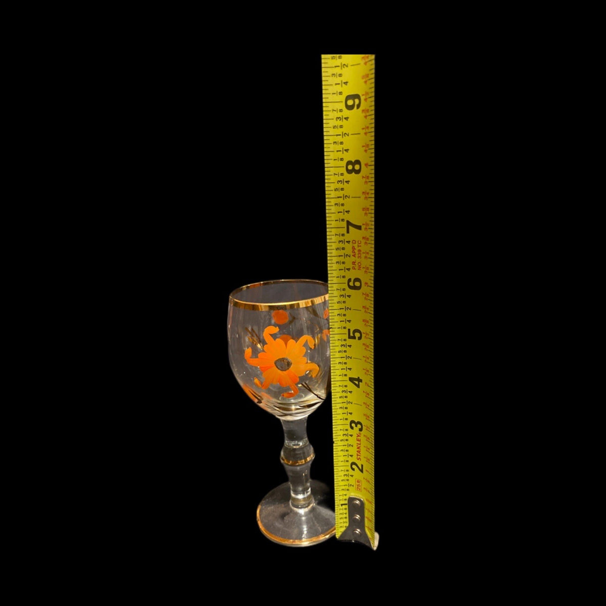 Vtg. Bohemian Romanian Handpainted 3 Floral Gold Trim Clear Cocktail Juice Glass