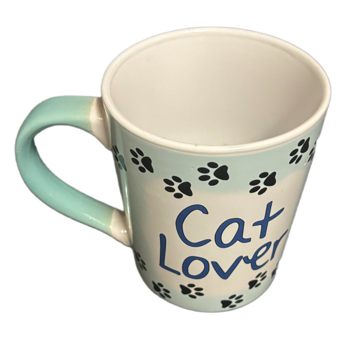 Tumbleweed Pottery Mug CAT LOVER Ceramic Coffee Tea Cup Paw Prints White & Blue