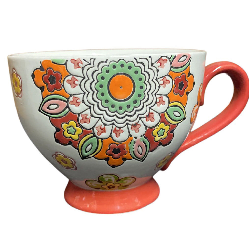 Tabletops Gallery ROBIN Hand Painted Footed Coffee Mug Embossed Paisley Floral