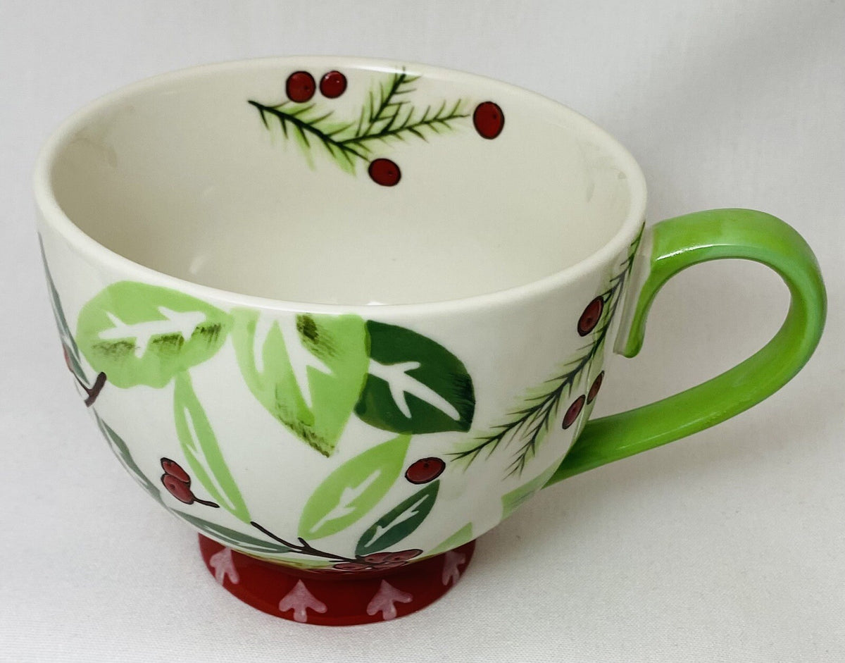 Dutch Wax Footed Mug Coastline Imports White Cup Hand Painted Holly Berries 12oz