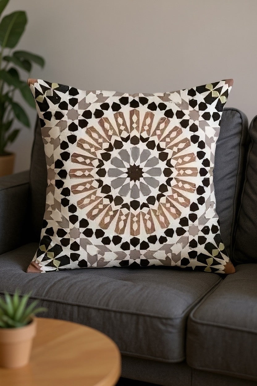 2-Pc Moroccan Mandala Geometric Cushion Covers Boho Linen Blend 17x17 Neutral