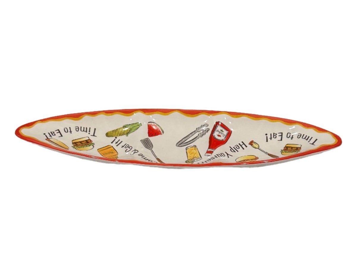 Ganz Bella Casa Skateboard Tray Ceramic Oval Serving Platter with Food Graphics
