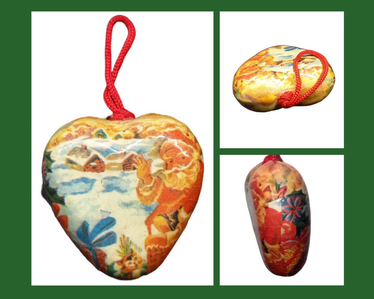 Christmas Ornaments Santa Claus Papier Mache Vintage Set of 3 Hearts