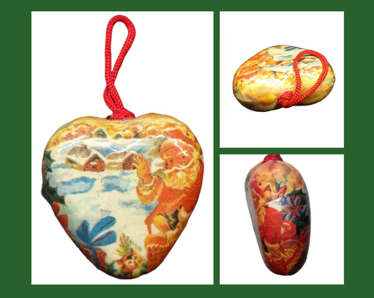Christmas Ornaments Santa Claus Papier Mache Vintage Set of 3 Hearts