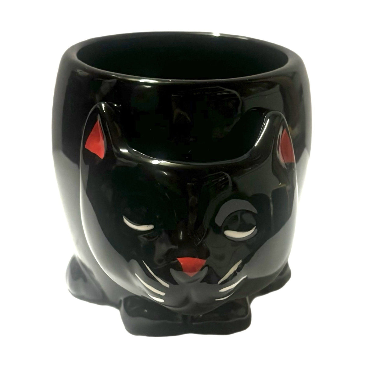 Black Cat Ceramic Mug Red Ears Nose Sculpted Coffee Tea Cup Cute Gift