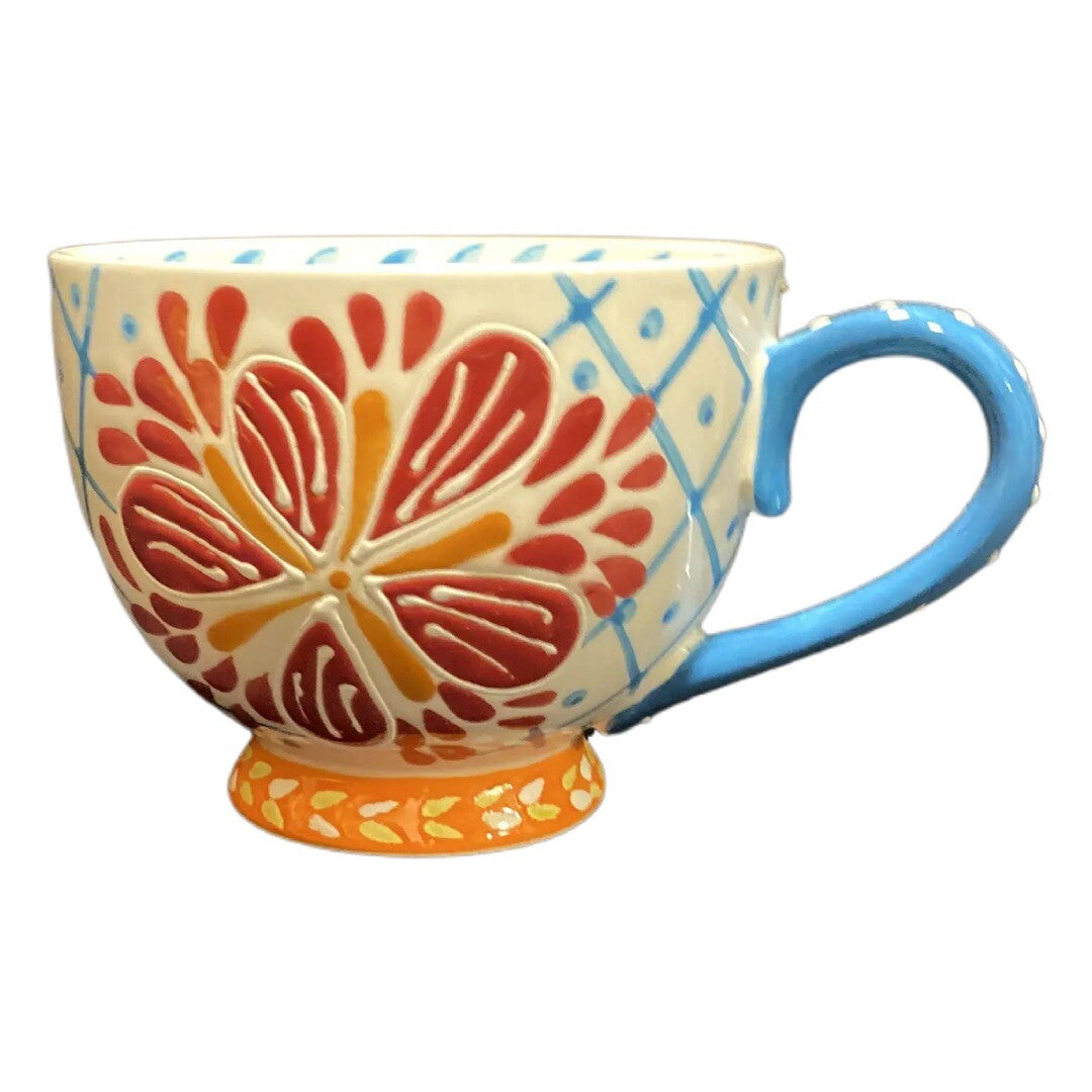 Coastline Imports Artistic Accents Ceramic Floral Coffee Mug Blue Handle Tea Cup