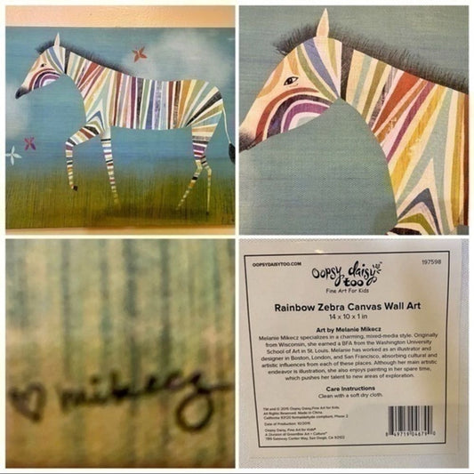 Oopsy Daisy too Rainbow Zebra stretched Canvas Wall Art  Print 14” W x 10”H