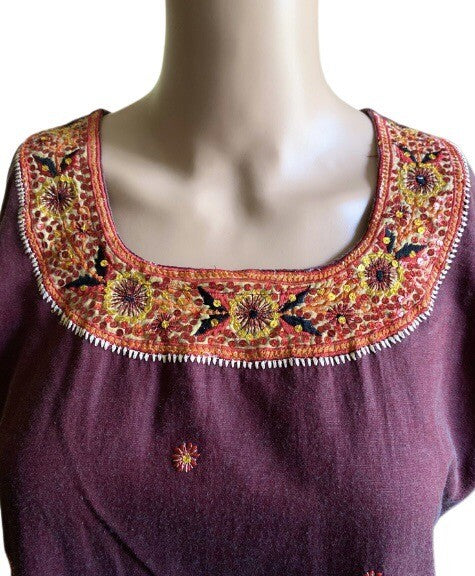 Women Embroidered Dress Kurti Indian Embellished Mirrors Tunic Top Purple Kurta