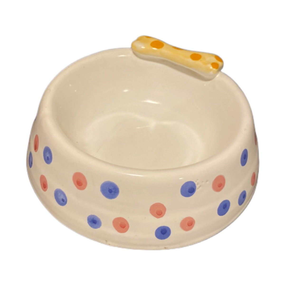 Italian Hand Painted Ceramic Dog Bowl with 3D Bone & Polka Dots | Puppy Dish