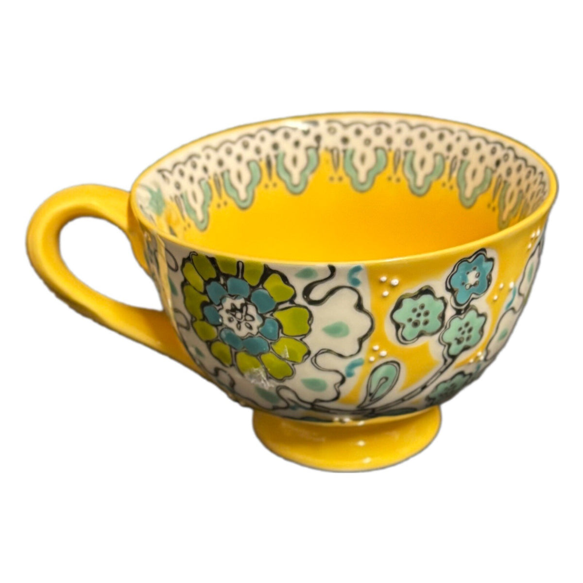 Anthropologie ELKA AYAKA Mug Yellow Floral Footed Pedestal Cup Twisted Handle
