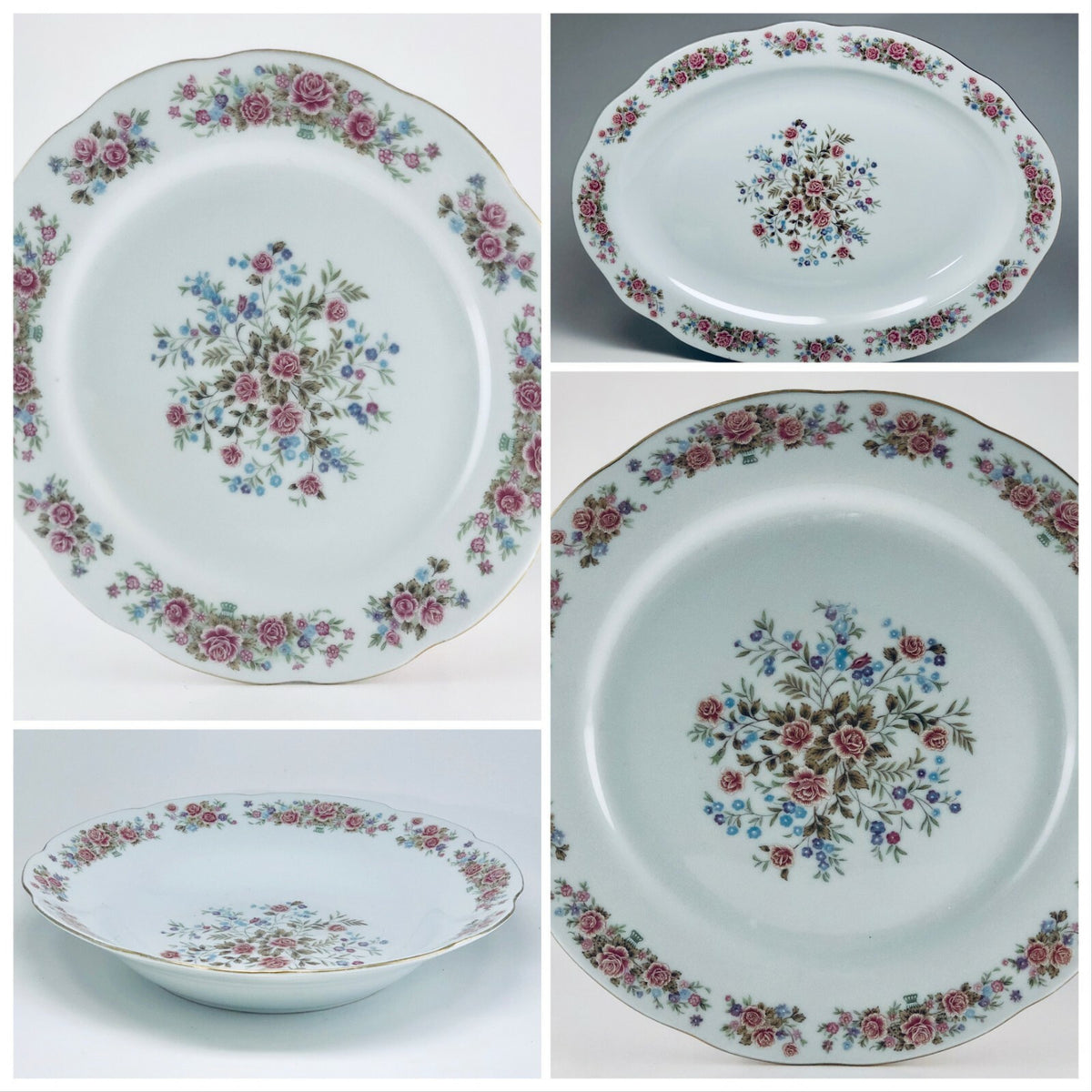 REMINGTON Fine China By Red Sea Pink Roses Blue Flowers Gold Trim Dinnerware