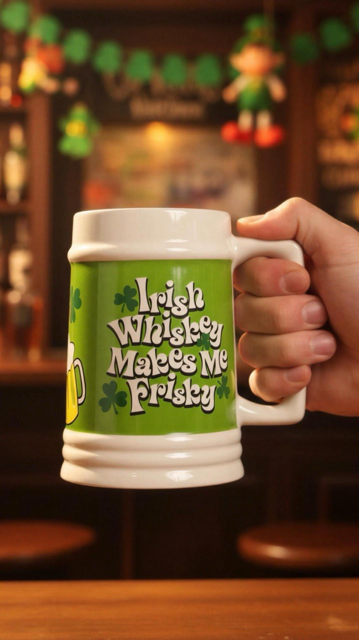 Irish Whiskey Makes Me Frisky Beer Stein Mug Shamrock St Patrick’s Green 7”H