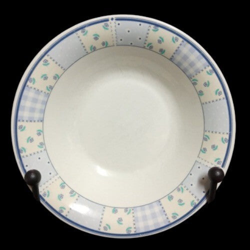 Gibson Designs HOME VALLEY 2-Soup Bowls 8” D Lilac Squares Flowers On Rim