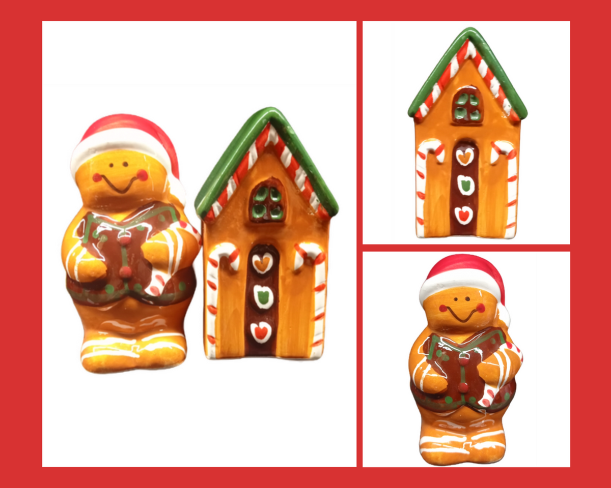 Vintage Christmas Holiday Salt-Pepper Shakers Gingerbread Man Gingerbread House