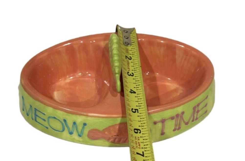 Rare Kitty Cat MEOW TIMEDouble Food Water Bowl Stoneware Dish Fish Handle