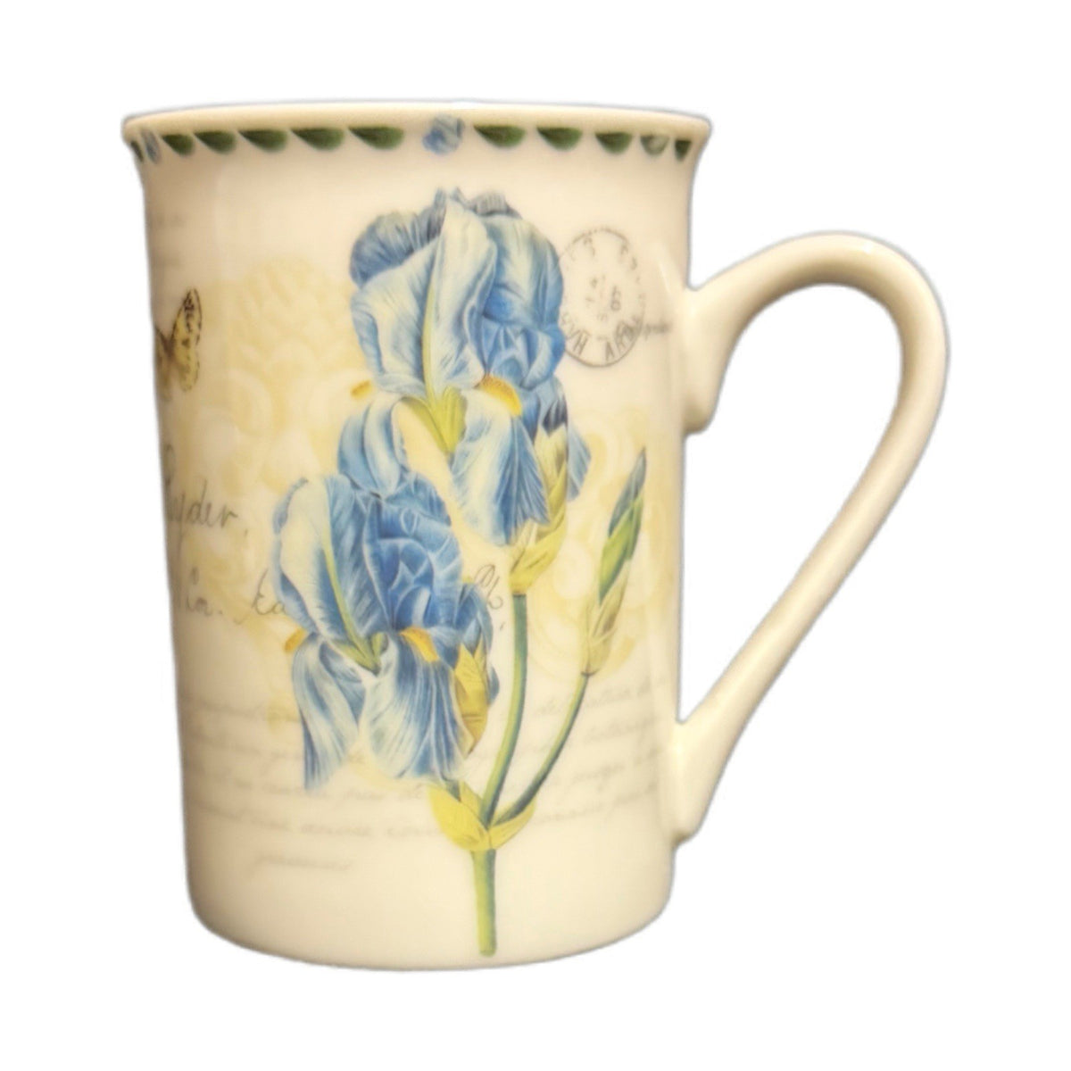Kent Pottery Bone China Mug Blue Iris Butterfly Floral Tea Coffee Cup 10 oz