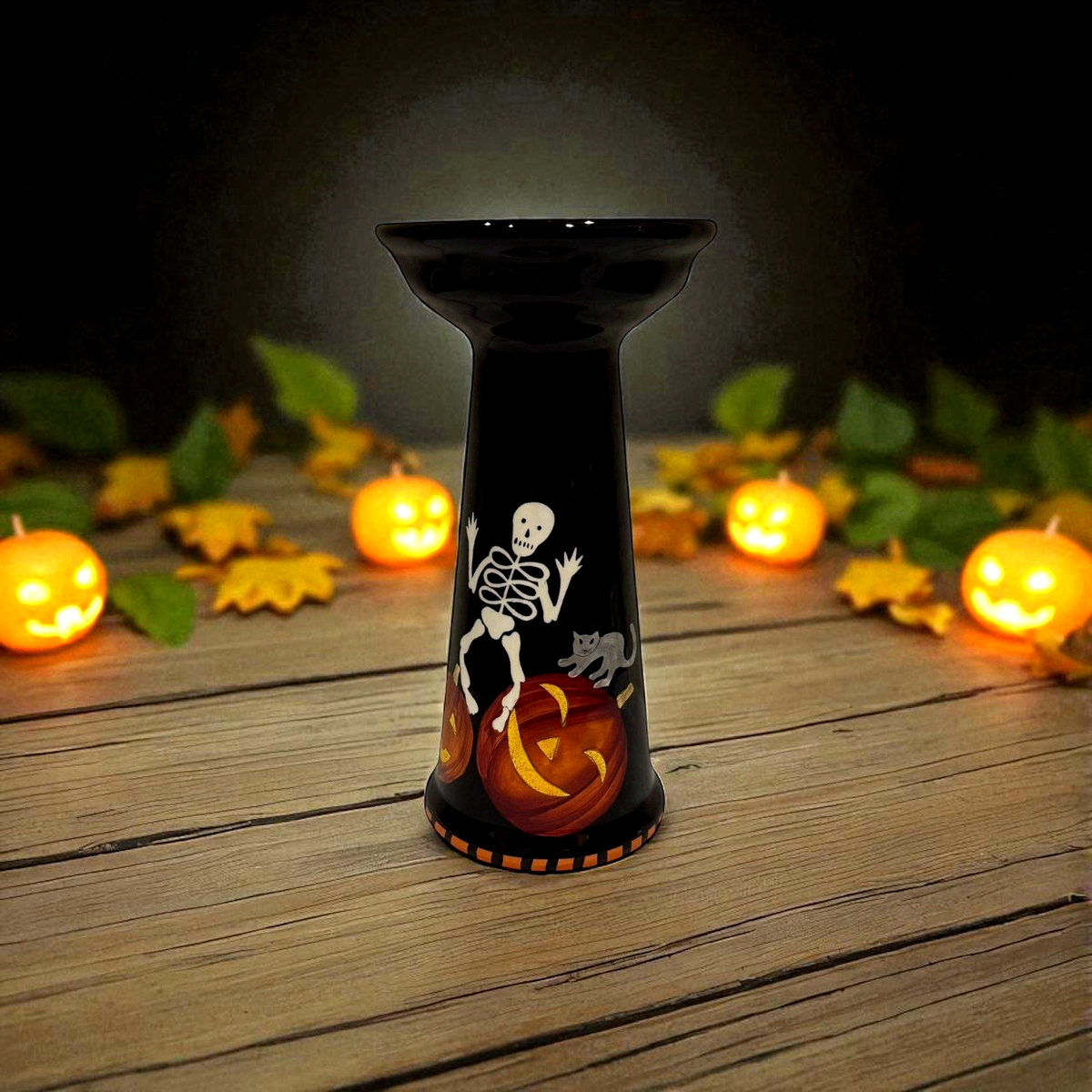 Gates Ware Halloween Skeleton Pumpkin Candy Bowl 11” Pedestal Spiderweb Ceramic