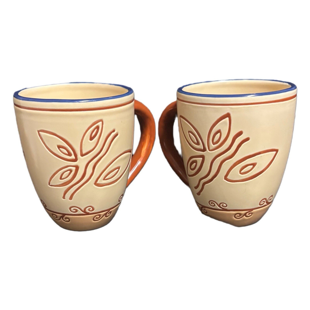 Pfaltzgraff TIMBUKTU 2-Mugs Ceramic Coffee Tea Cups Blue Trim Orange Handle