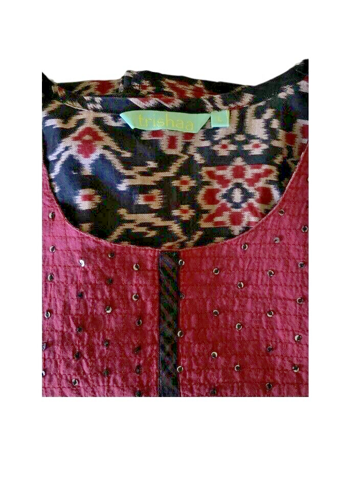 TRISHAA Kurti Dress Women Size L Indian Ethnic Kurta Short Sleeves Embellished