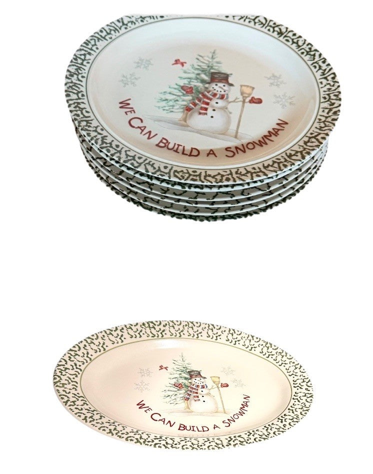 Vintage Christmas We Can Build A Snowman 6- Dinner Plates 1- Serving Platter